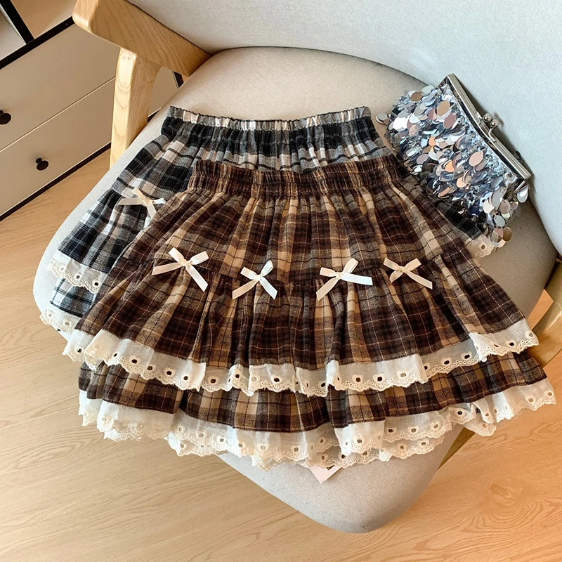 Doux Preppy Mini jupe femmes nœud Plaid dentelle Patchwork taille haute gâteau jupes étudiant Kawaii une ligne plis printemps été jupes