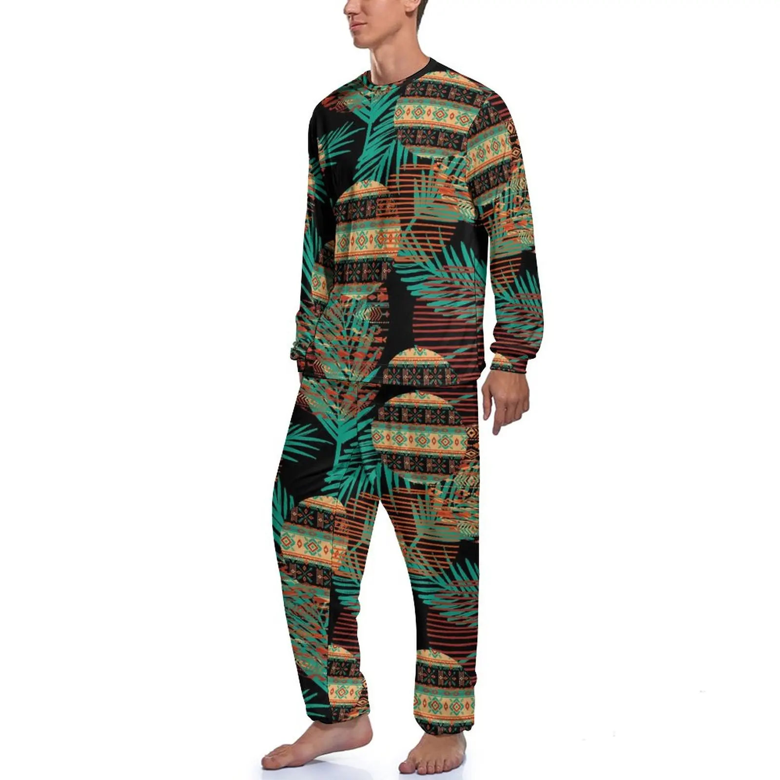 Tribal Print Pajamas Spring Cute Ethnic Leisure Nightwear Mens 2 Pieces Custom Long-Sleeve Elegant Pajamas Set