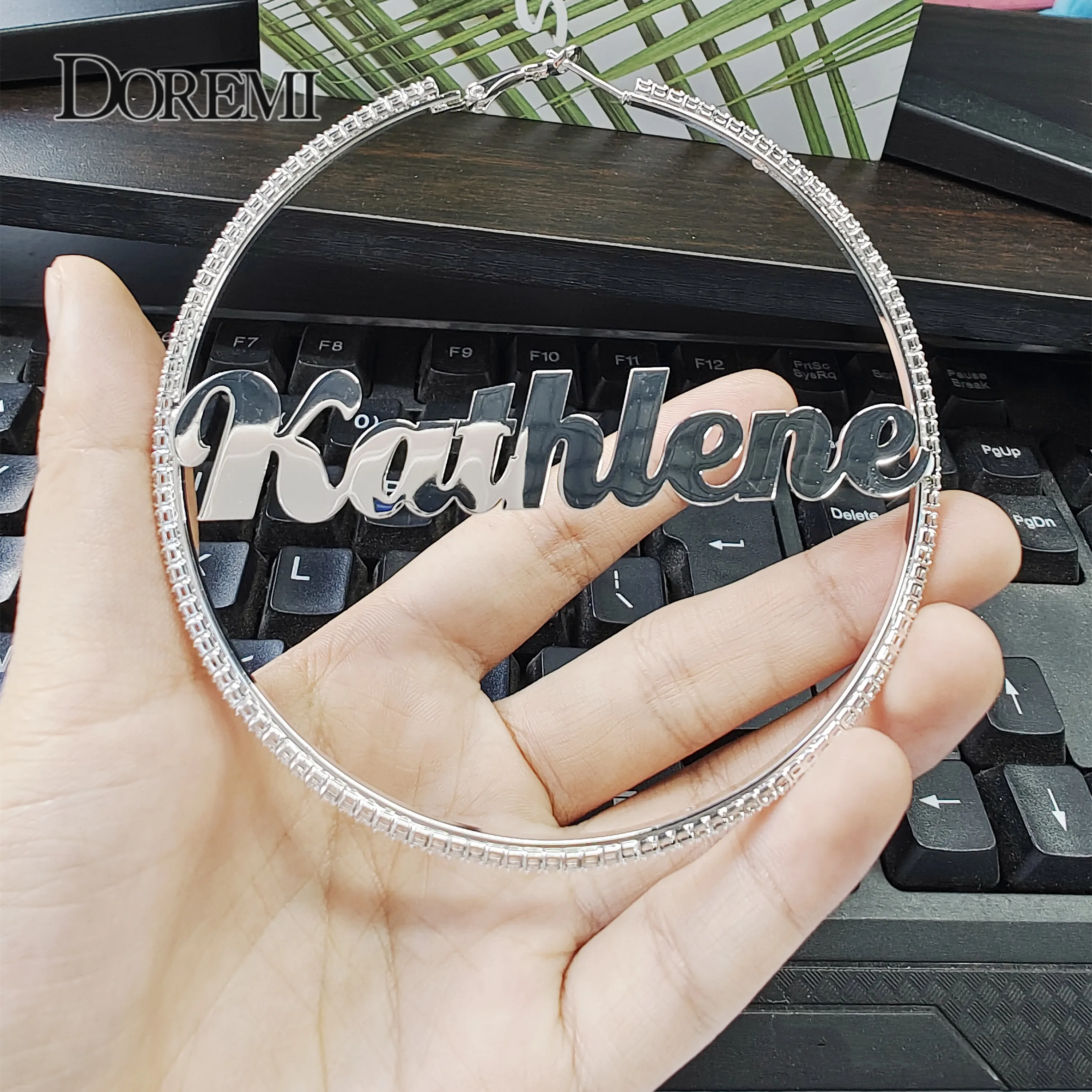 DOREMI 2mm White Zircon Name Earrings Thin hoop Custom-named Stainless Personalized Earring Hip-hop Style Custom hoop 5-9cm
