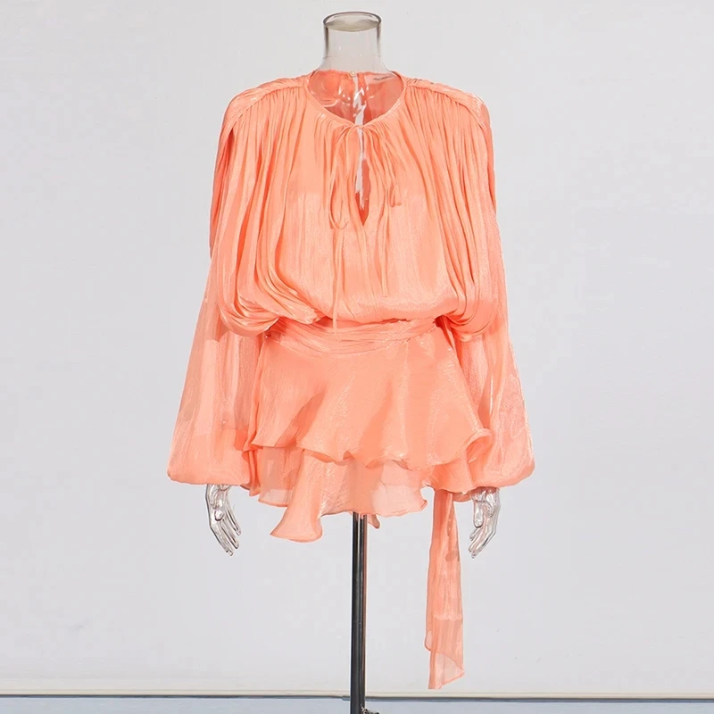 TWOTWINSTYLE Effen Patchwork Lace Up Blouse Mini Jurken Voor Vrouwen V-hals Lange Mouw Zoete Stijl Jurk Vrouwelijke Kleding Mode