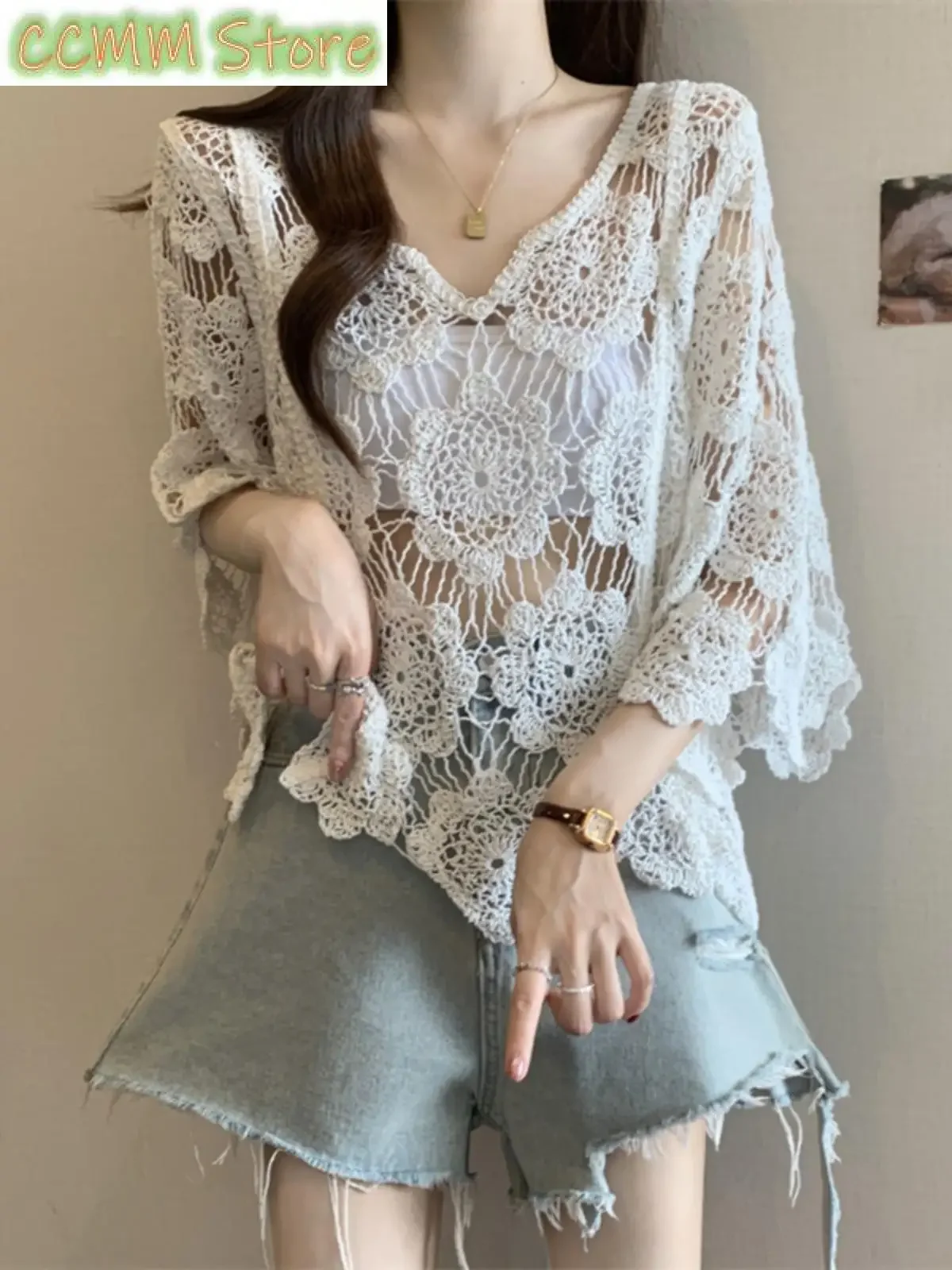 Top de punto calado de encaje para mujer, Top de verano talla ort plus transparente coreano Sle V Ne Long Sve, suave y cómodo