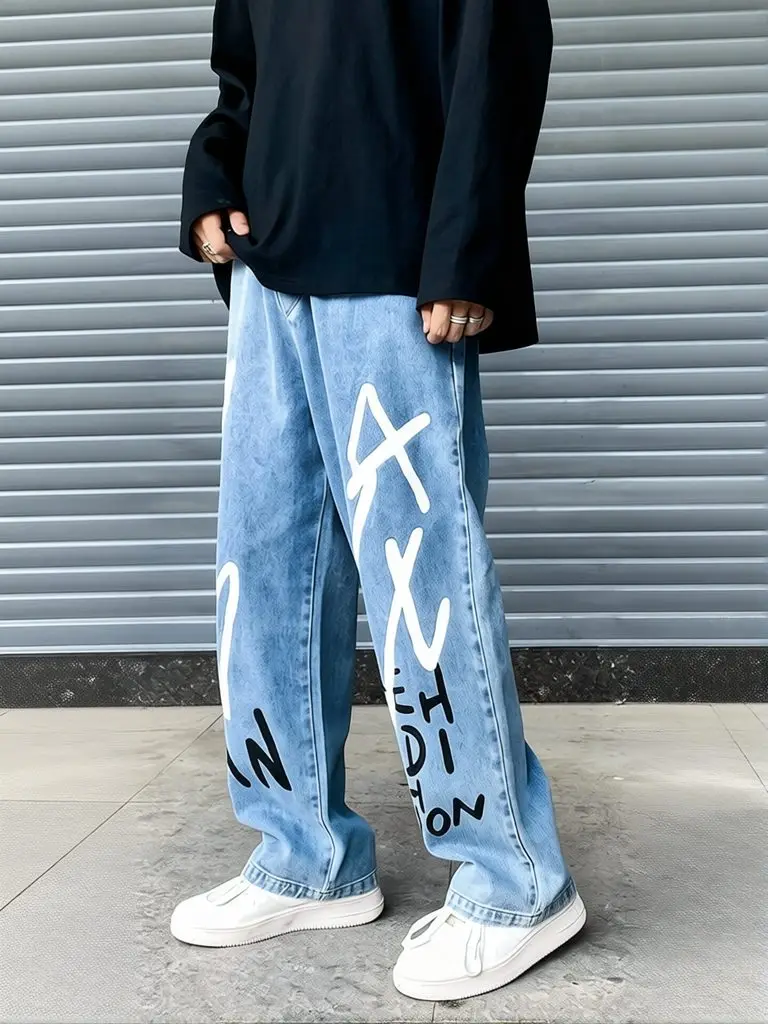 Streetwear Graffiti Baggy Jeans Men Ligh Blue Straight Denim Pants Korean Wide leg Casual Trousers