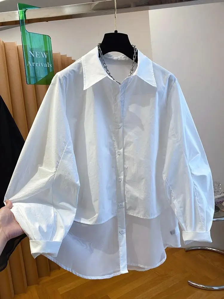 

White Women Shirt Loose Lantern Sleeve Loose Blouses Fashion Irregular Split Blouse Tops Korean Vintage Blusas De Mujer 2026