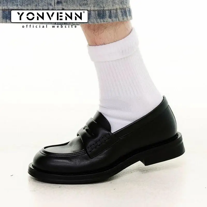 

New slip in loafers for men's commuting square headed cowhide formal dress shoes black casual shoes