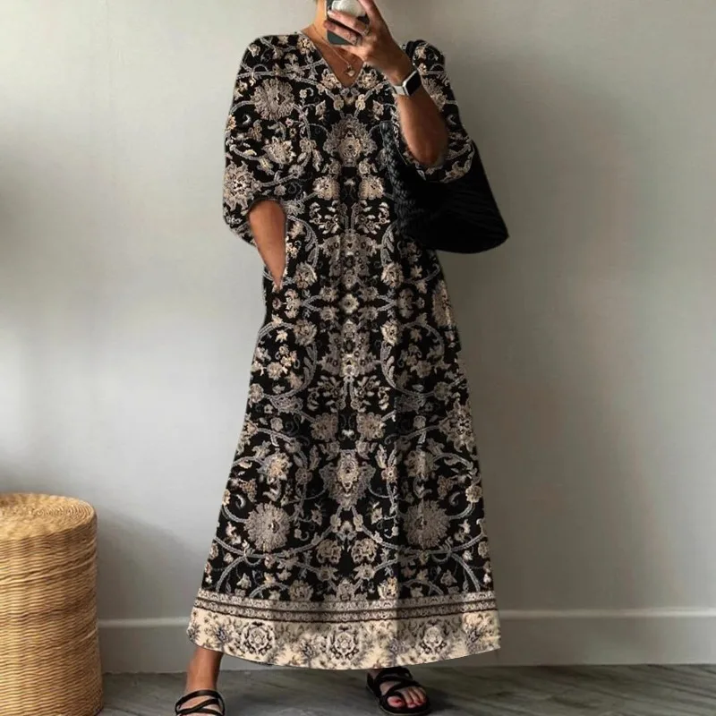 2025 여름 패션 캐주얼 브이넥 3/4 소매 플로럴 루즈핏 맥시 드레스