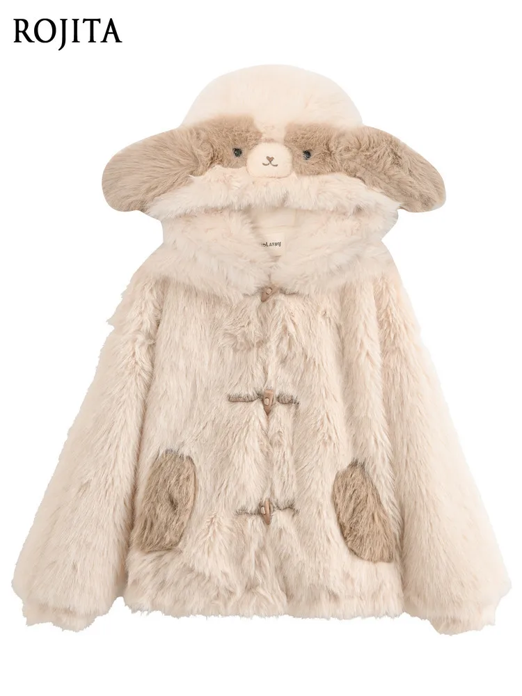 Women Cute Deer Horn Hooded Faux Fur Coat Kawaii Lace Ruffle Horn Toggle Button Warm Winter Plush Outerwear