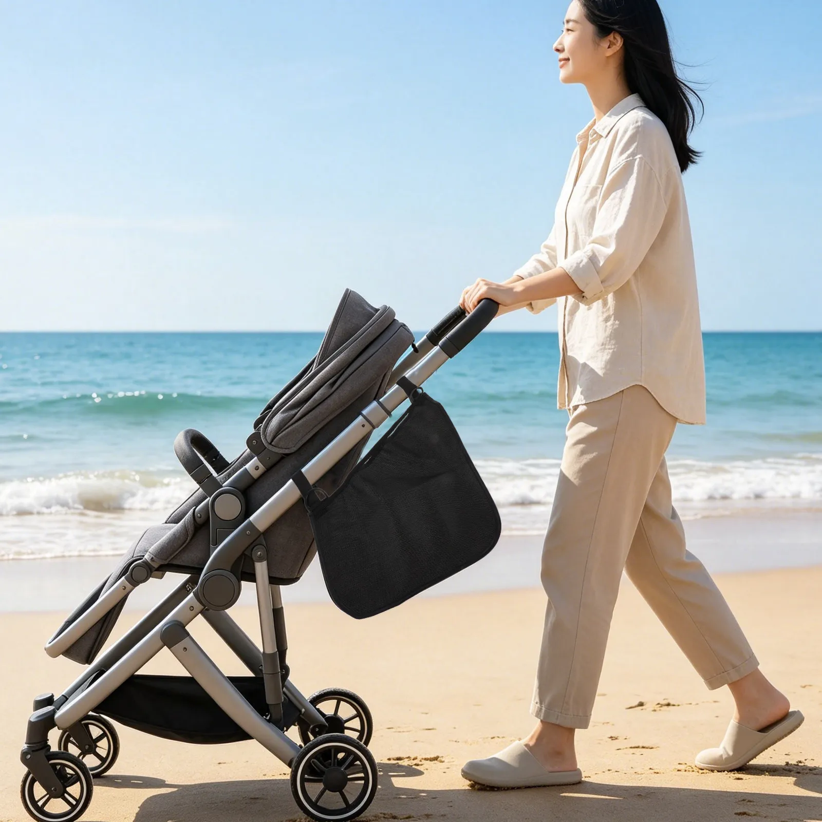 2pcs Baby Stroller Side Bag Hanging Organizer Mesh Storage Pouch for Snacks Wipes – Universal Pram Pushchair Sling
