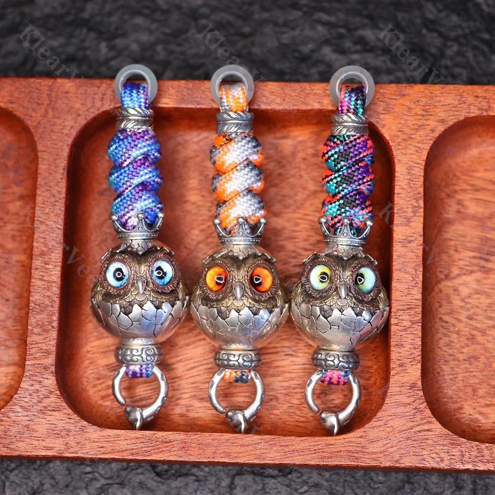 

KlearVee Owl Brass S925 Exquisite Hand Woven Paracord Knife Bead EDC Push Plate Keychain DIY Pendant Outdoor Camping Accessory