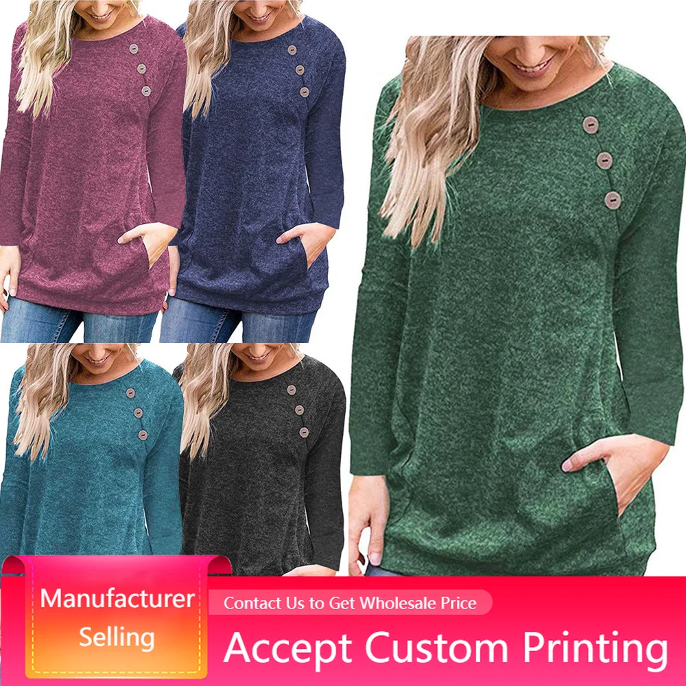 

Hot Selling Women T-Shirts Round Neck Button Stitching Long Sleeve Top Casual Buttons Pockets Bottoming Tee Shirt