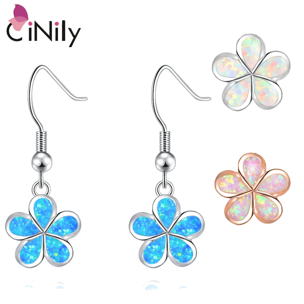 CiNily Flower Design Long Earring Created Blue Opal Drop Dangle Earrings Classic Silver Color For Women Wedding Summer Jewelrys