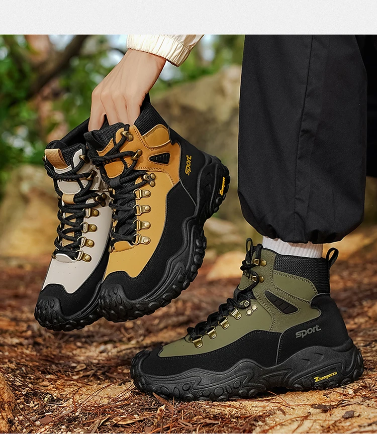 Retro Herren High-Top-Stiefel mit dicker Sohle, strapazierfähig für Wandern, Trekking, Camping und Outdoor-Sport – Detail 4
