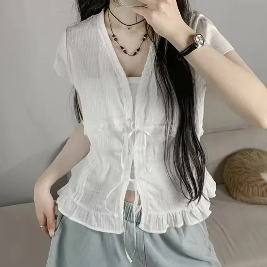 

Korean Style Chic Design Lace Trim Pure Texture White Shirt Slim Tie Knot Short Sleeve Top V-neckline Summer Fashion