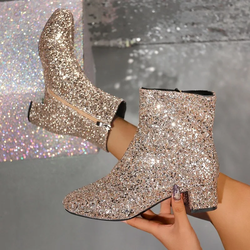 Fashion Women Boots Bling Sequins Women's Party Shoe Luxury Comfortable Midsole Boots Sequins Round Toe Chunky Heels Ankle Boots