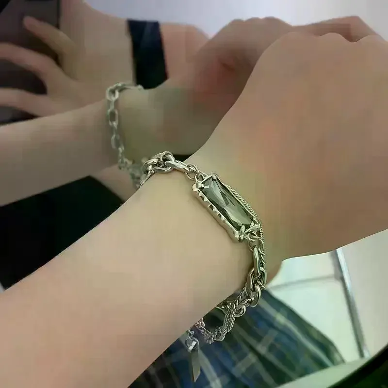 Trend Black Zircon Titanium Steel Bracelet For Men Women Korea Silver Color Geometric Splice Chain Bracelet Unisex Jewelry