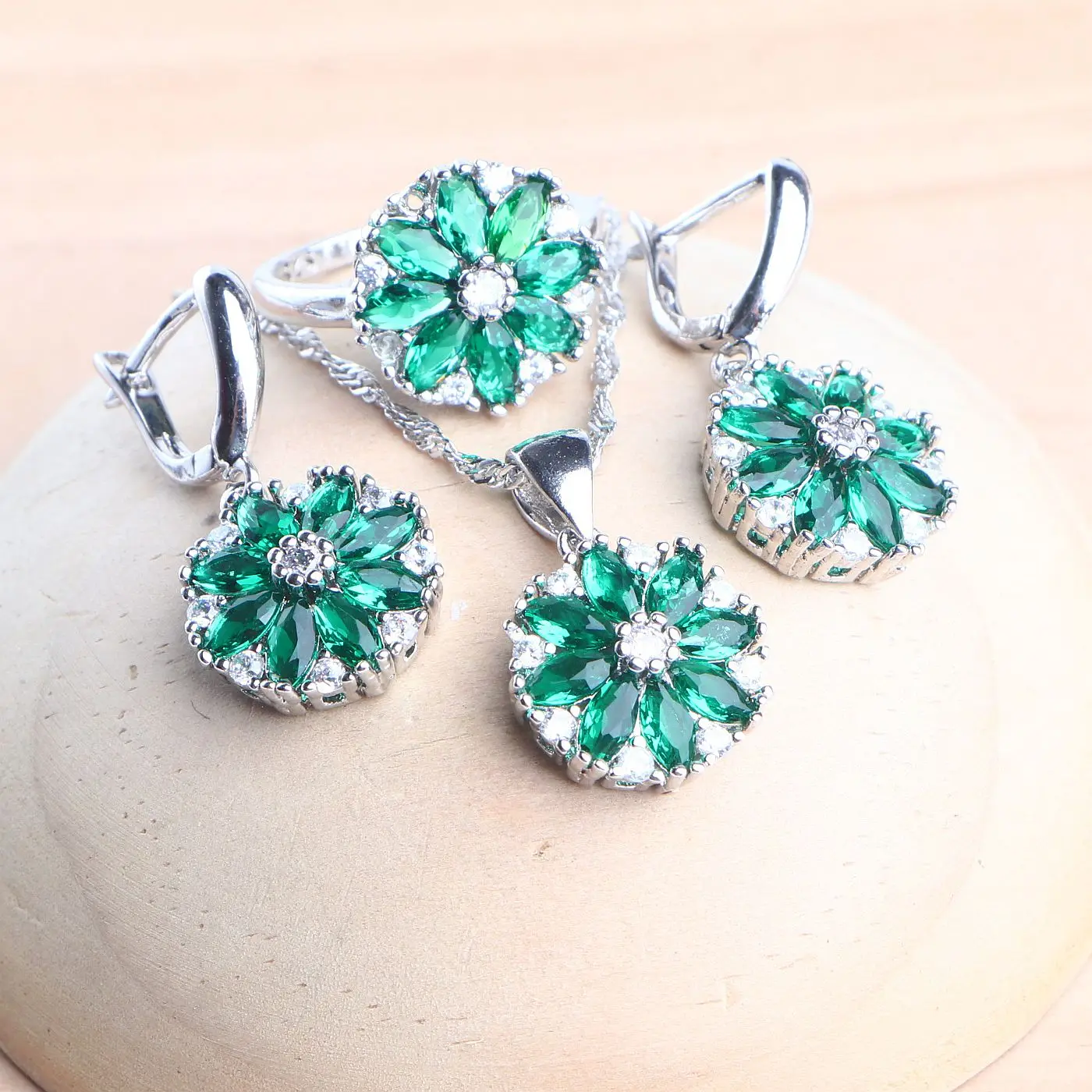 925 Sterling Silver Costume Jewelry Sets For Women Wedding Bridal Cubic Zircon Rings Pendant Stones Earrings Necklace Set