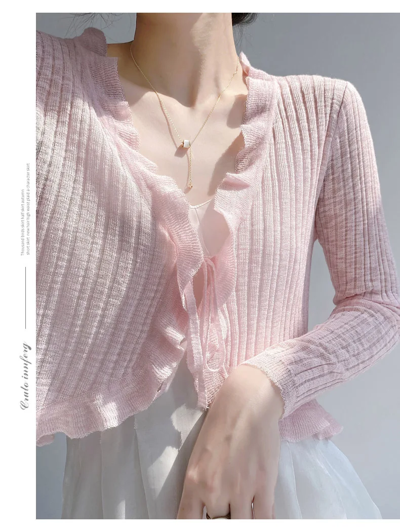 フリルトリムネクタイフロント長袖クロップトップ女性リブニットカーディガンセーターすくめトップ夏の十代の少女フェアリーコア衣装