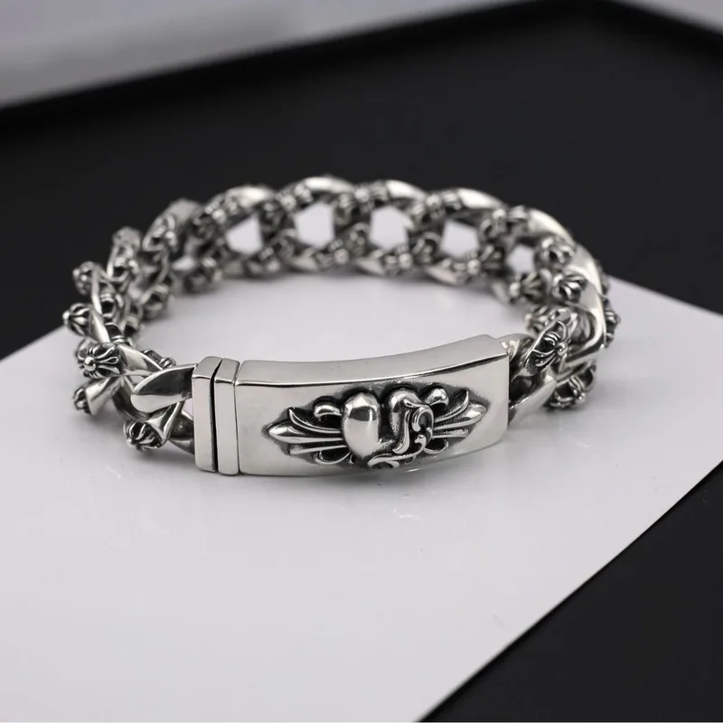 European American wide-band heavily embellished peach blossom military-style cross-patterned bracelet a hip-hop and