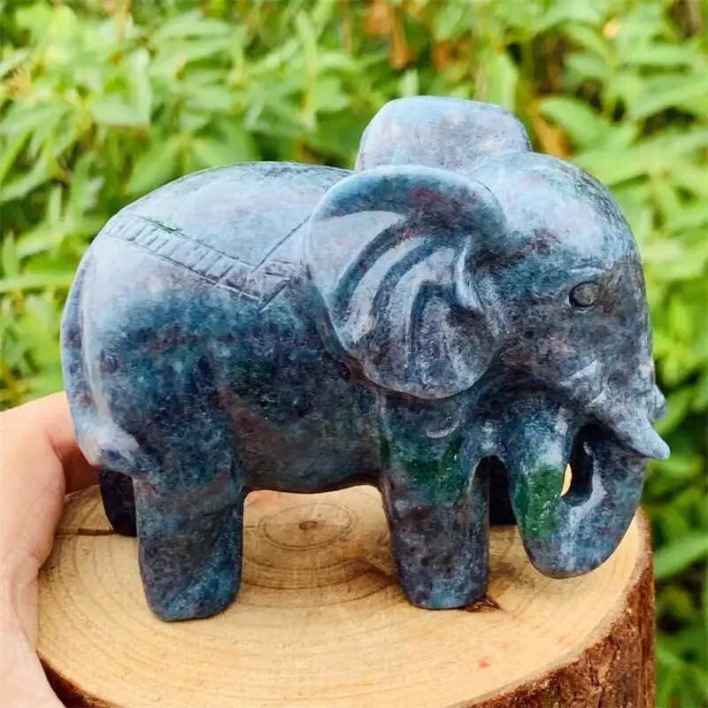 9CM Natural Sapphire In Zoisite Elephant Crystal Animal Tank Landscaping Carving Healing Christmas Gift Home Decoration 1PCS