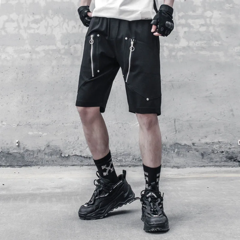 Men's Personalized Zipper Decorative Shorts Casual Capris Men's And Women's Summer High Street Trend Black Casual Beach Pants