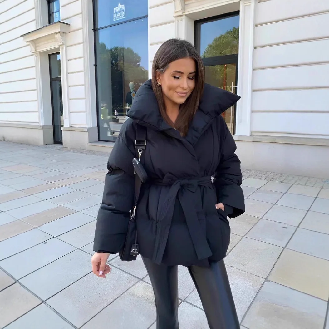 سترات قطنية عصرية للنساء أنيقة بياقة واقفة وأكمام طويلة معاطف برباط للسيدات 2026 ملابس خارجية شتوية أنيقة ودافئة #5