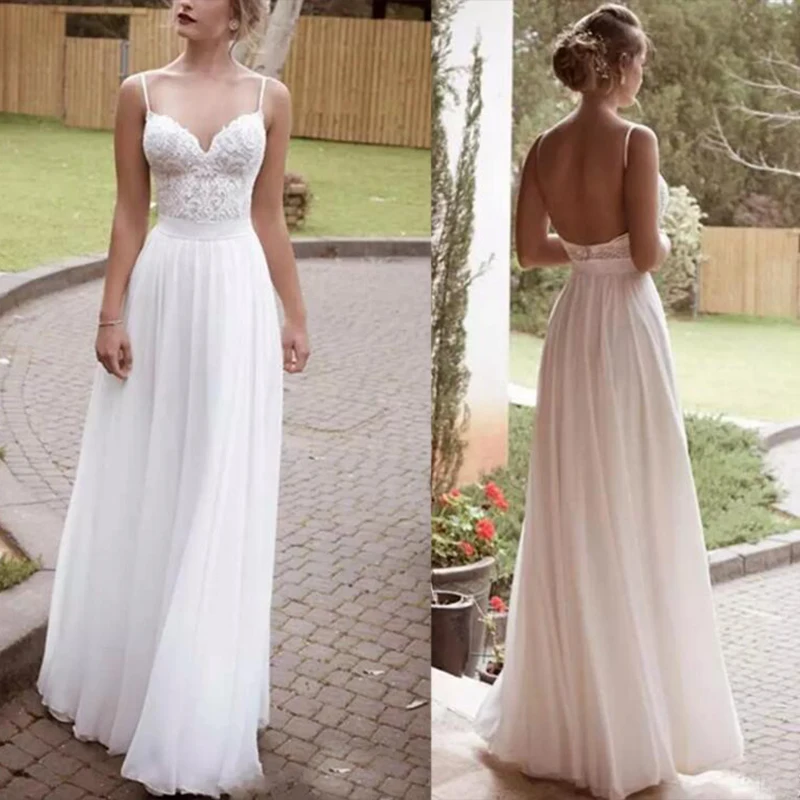 ZJ9113 2023 Spaghetti Straps Lace Chiffon Wedding Dress For Bride Backless Boho Bridal Party Custom Made