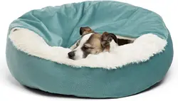 Washable Round Dog Cat Bed with Attached Blanket, Soft Plush Cozy Donut Cuddler, Hooded Pet Beds, Orthopedic Calming Cat Cave