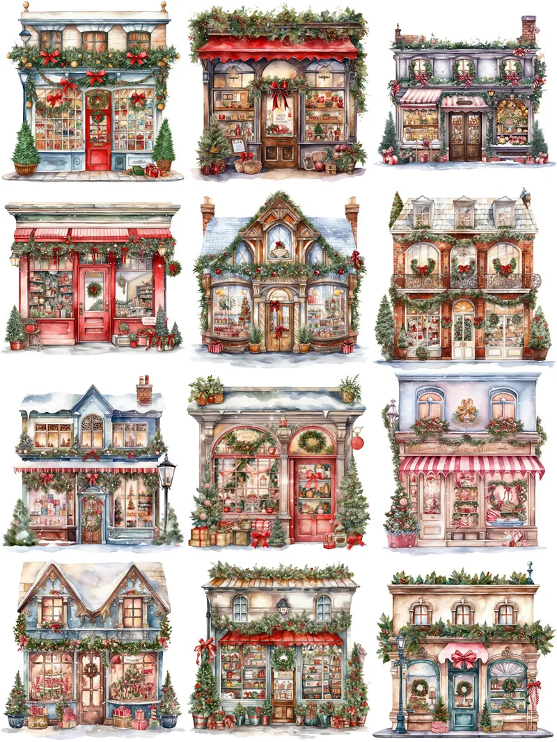 12Pcs/Pack Christmas Shop Cabin Sticker DIY Craft Scrapbooking Album Junk Journal Decorative Stickers