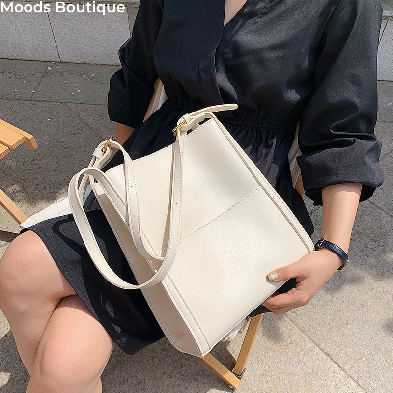 

MOODS Quality Women Tote Bags 2023 Luxury Designer Handbags Pure Color Soft PU Leather Shoulder Bag Large Capacity Shopping Tote