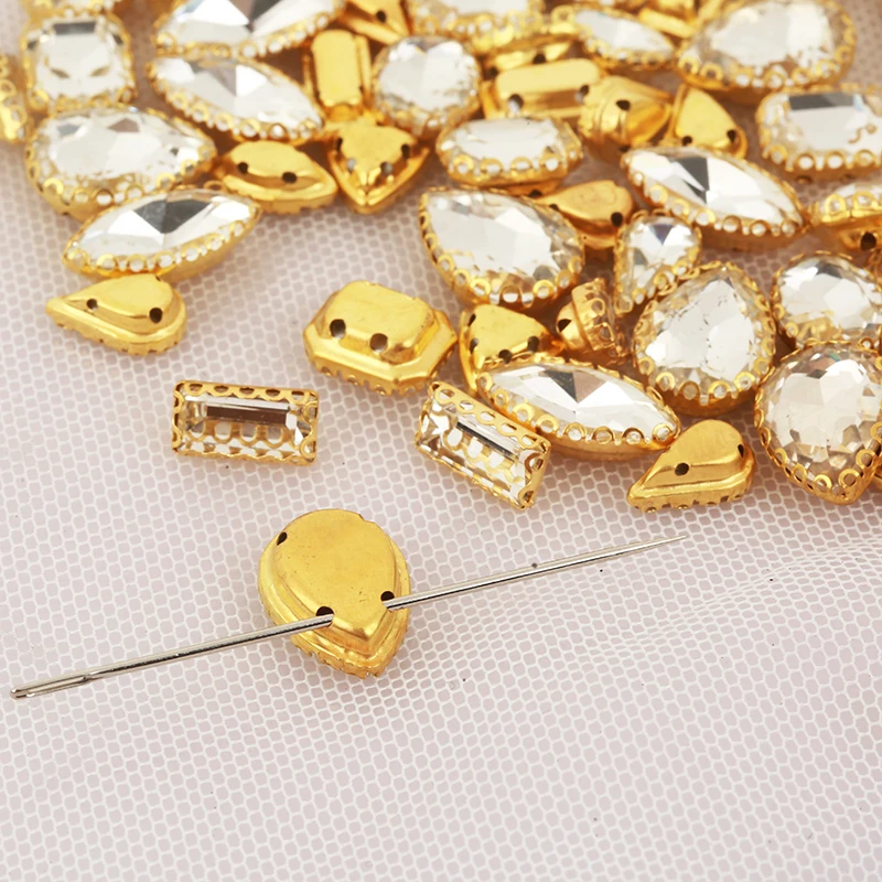 RESEN 80PCS Mixed Shape Clear Crystal Sew On Rhinestone Gold Flower Claw Settings Sewing Glass Rhinestone for DIY Garment