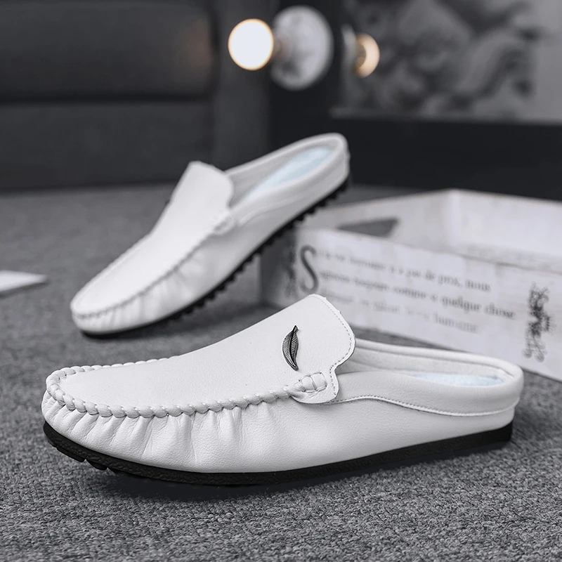 Large Size 39-46 Leather Mules Mens Backless Loafers Slippers Half Shoes For Men Closed Toe Sandals Man Semi-Drag Casual Shoes