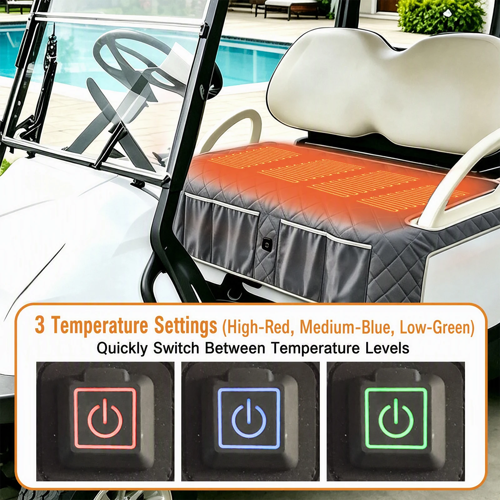Golf Cart Heating Seat Cover 4-Zone USB Electric Pad 3-Level Temp Non-Slip Waterproof Gray