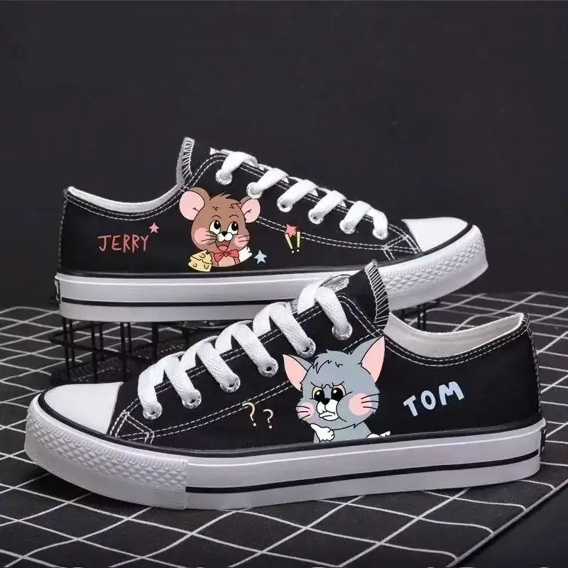 real photos Tom and Jerry cat and mouse man's plus big size white Canvas shoes Casual drop shipping black women's skate shoes