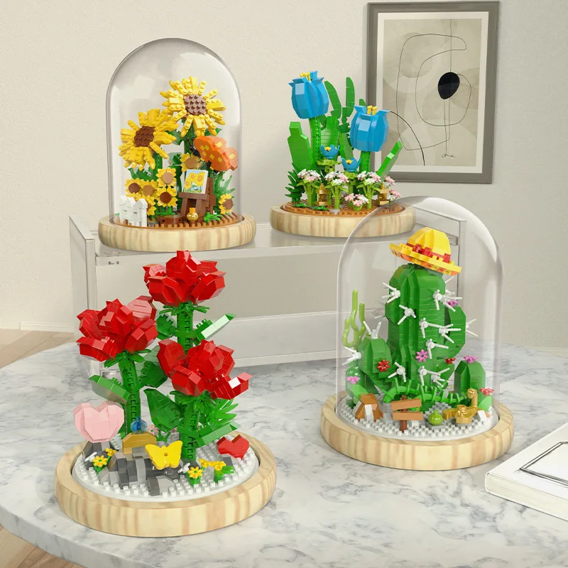 Immortal Flower Micro Building Blocks Cactus Carnation Rose Sunflower Bouquet Lily Tulips Mini Brick Figure Toy With Display