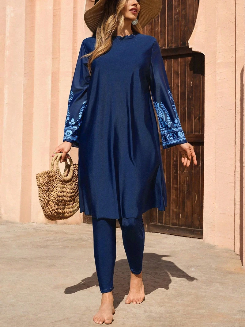 2PCS Plus Size Burkini Muslim Swimwear Women Long Sleeve Tunic Top & Pants Modest Full Cover Islamic Bathing Suit Dry Beachwear