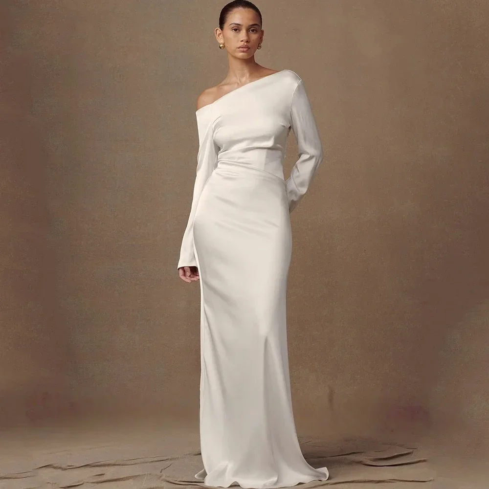

Customized Simple Mermaid Wedding Dress for Bride One Shoulder Long Sleeve with Buttons Simple Satin Bridal Gowns Robe De Mariée