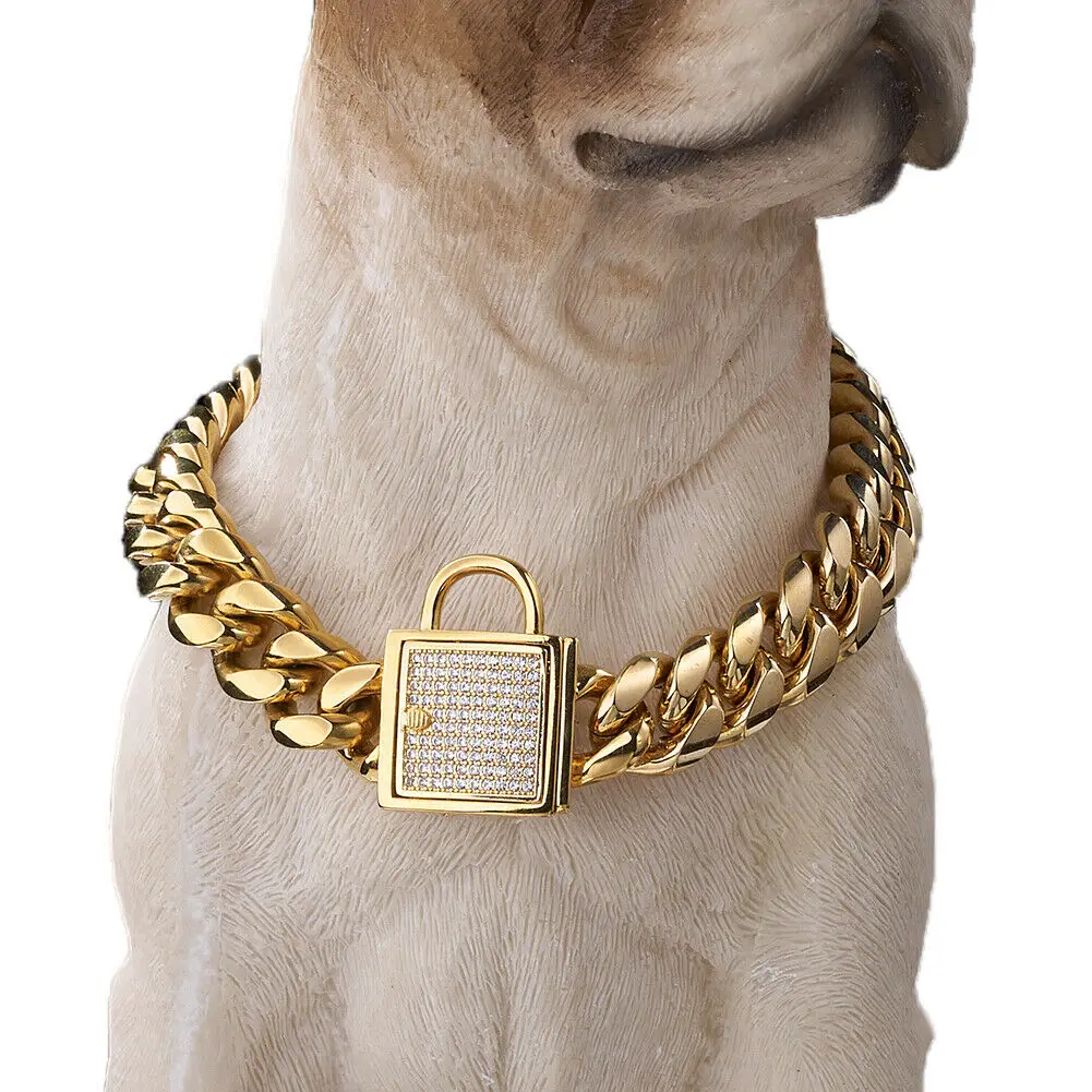 

14mm 10-26inch Gold Tone Dog Chain Collar Walking Training Heavy Duty Chew Proof Cuban Link Chain Dog Collar for S,M,L Dogs