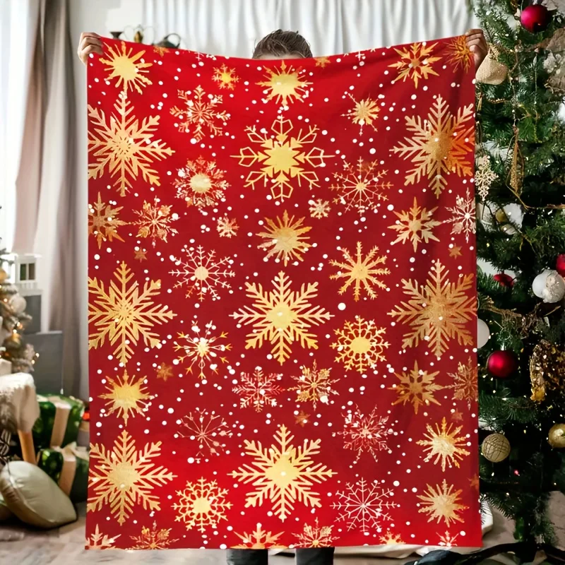 1pc of Cozy Vintage Christmas Snowflake Blanket - Soft Flannel with Golden Snowflake Print, Red Background with White Dots, the