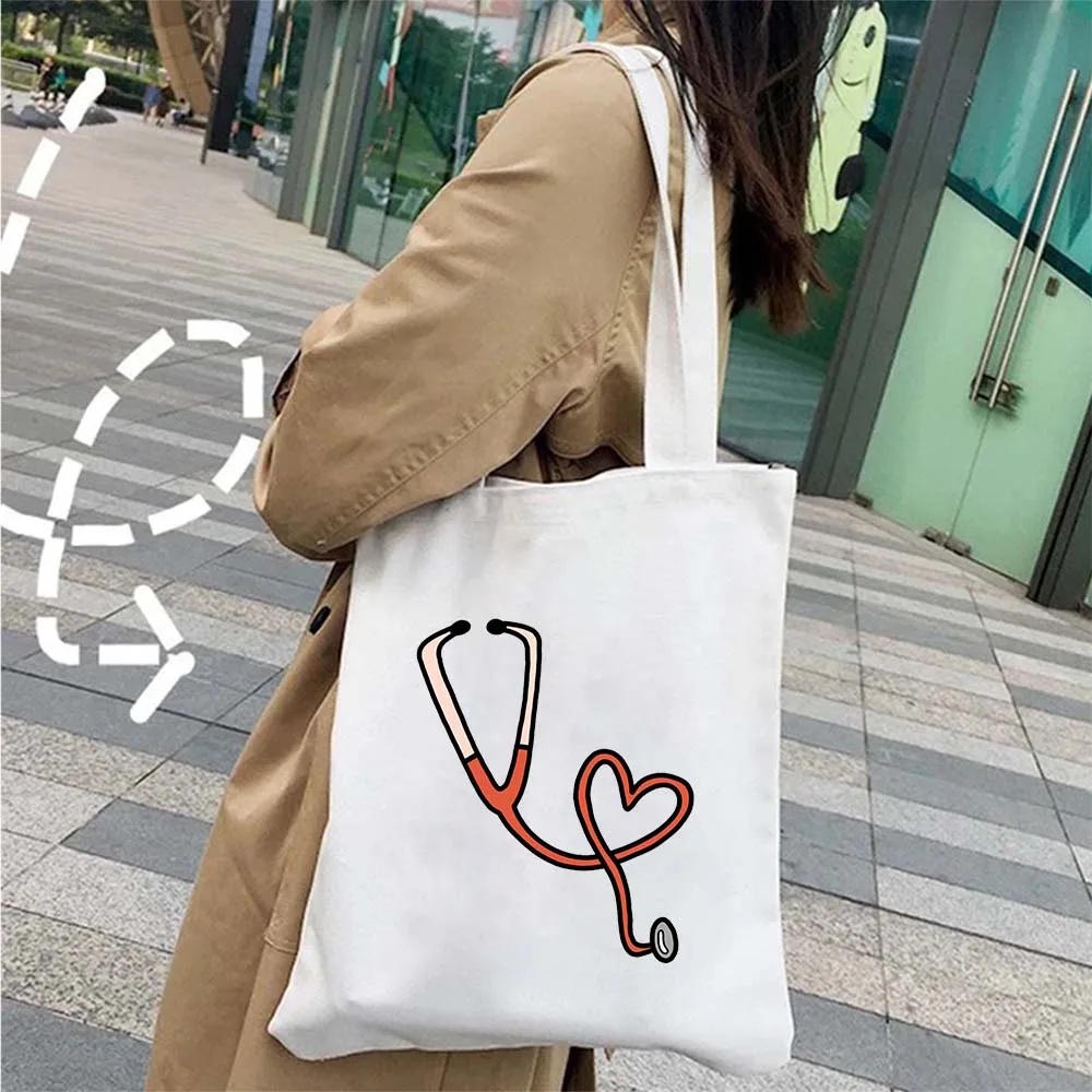 Doctor Nurse Medical Cross Medicine Health Heart Brain Flower Stethoscope Men Women Shoulder Canvas Totes Bags Shopping Handbags