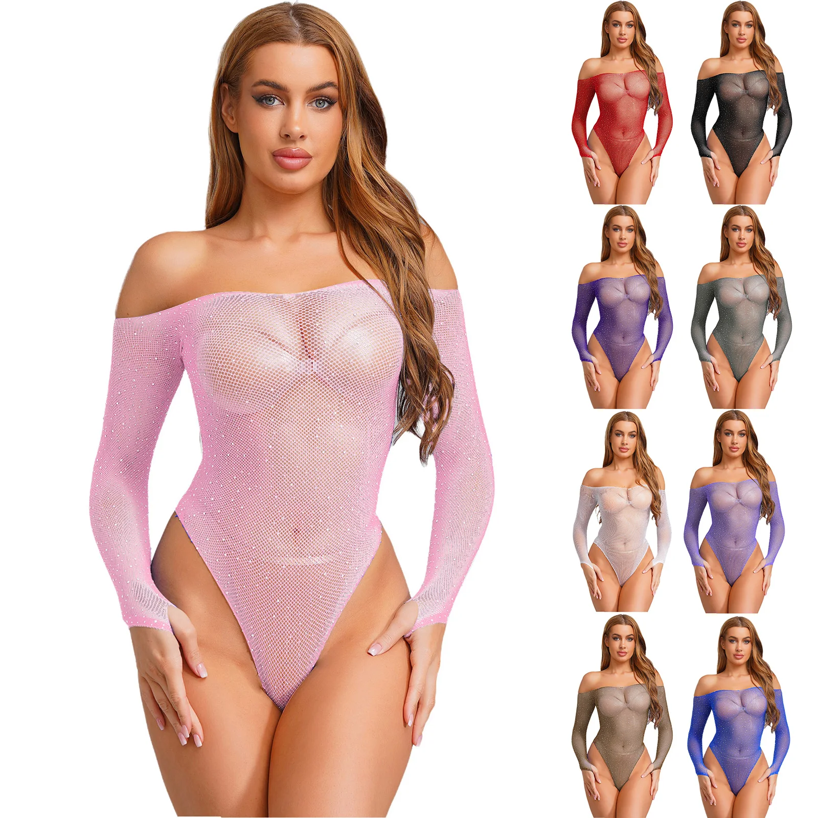 Womens Shiny Rhinestone Fishnet Bodysuit Off Shoulder Long Sleeve Stretchy Leotard Jumpsuit Nightwear Bikini Swimwear Cover Up