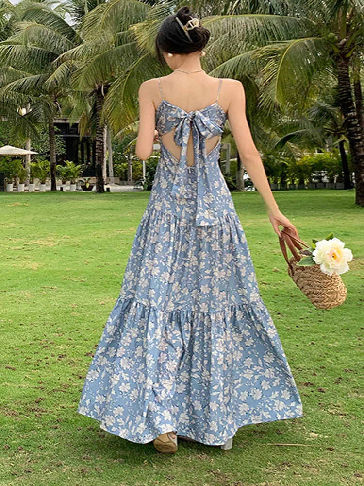 Boho Abito lungo con stampa floreale Donna 2025 Nuova estate Sexy Backless Bowknot Casual Vacanza Beach Stampa Abito lungo Robe