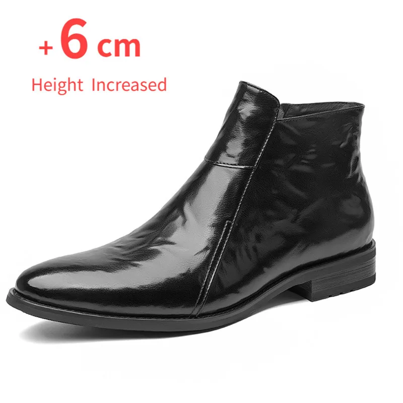 

Men's Elevator Shoes Hidden Heel Height Increasing 6CM Chelsea Boots Autumn Winter British Pointed Toe Side Zipper Leather Boots