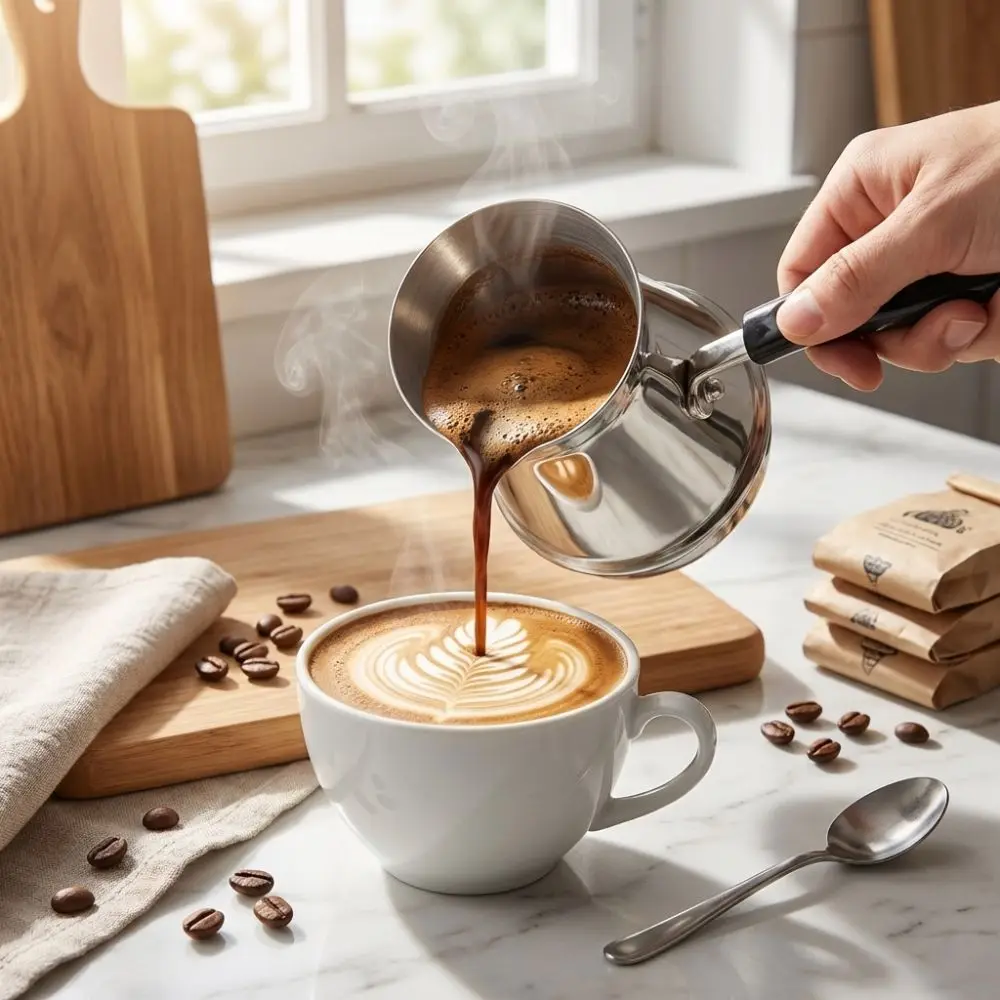 

Traditional Turkish Coffee Pot Stainless Steel 250-850ml Turkish Coffee Maker Long Handle Insulated Outdoor Teapot Water Cup