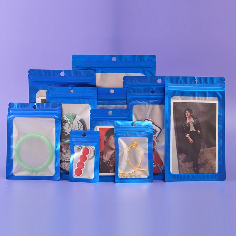 50PCS Blue Metallic Foil Zipper Pouches With Clear Window Multiple Sizes Self Seal Packaging Bags For Small Trinkets Storage