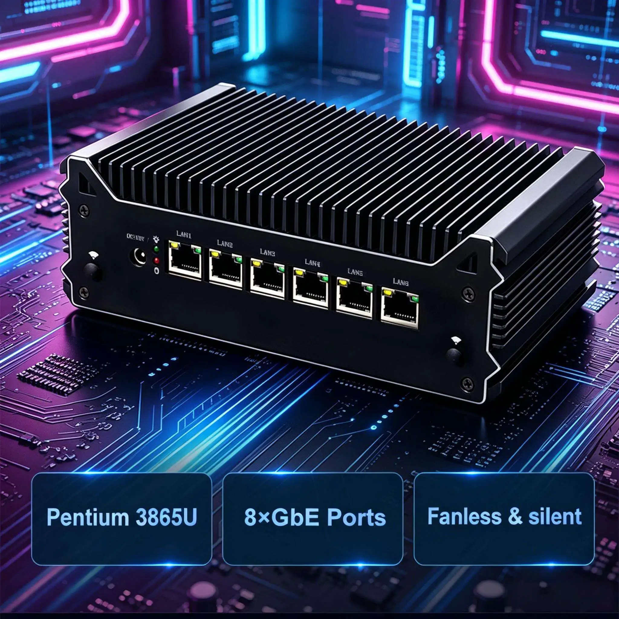 Firewall Appliance 8x Intel i211AT Gigabit Ethernet Ports Mini PC Celeron 3865U Processor Support Pfsense OPNsense CentOS Debian