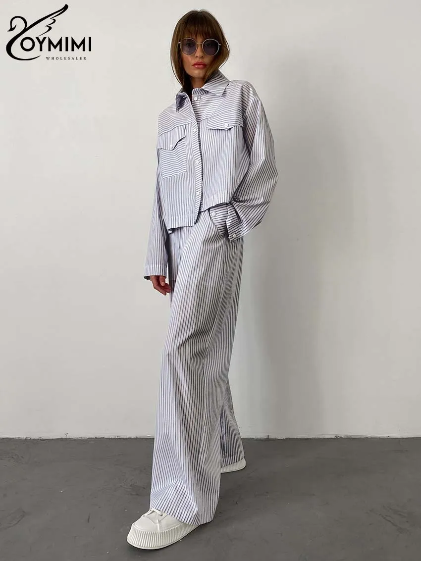 Oymimi-Ensemble 2 Pièces Élégant à Rayures Bleues pour Femme, Chemise à Manches sulfet Poches, Pantalon Droit, à Revers, à la Mode