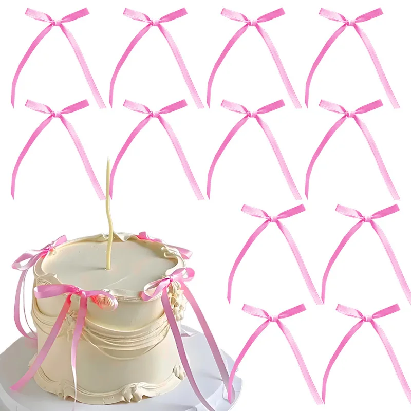 20 Stück Kuchen-Dekorationen mit Schleife, rosa Schleife, Band, Kuchendeckel für Geburtstag, Hochzeit, Kuchendekoration und Zubehör – Detail 10