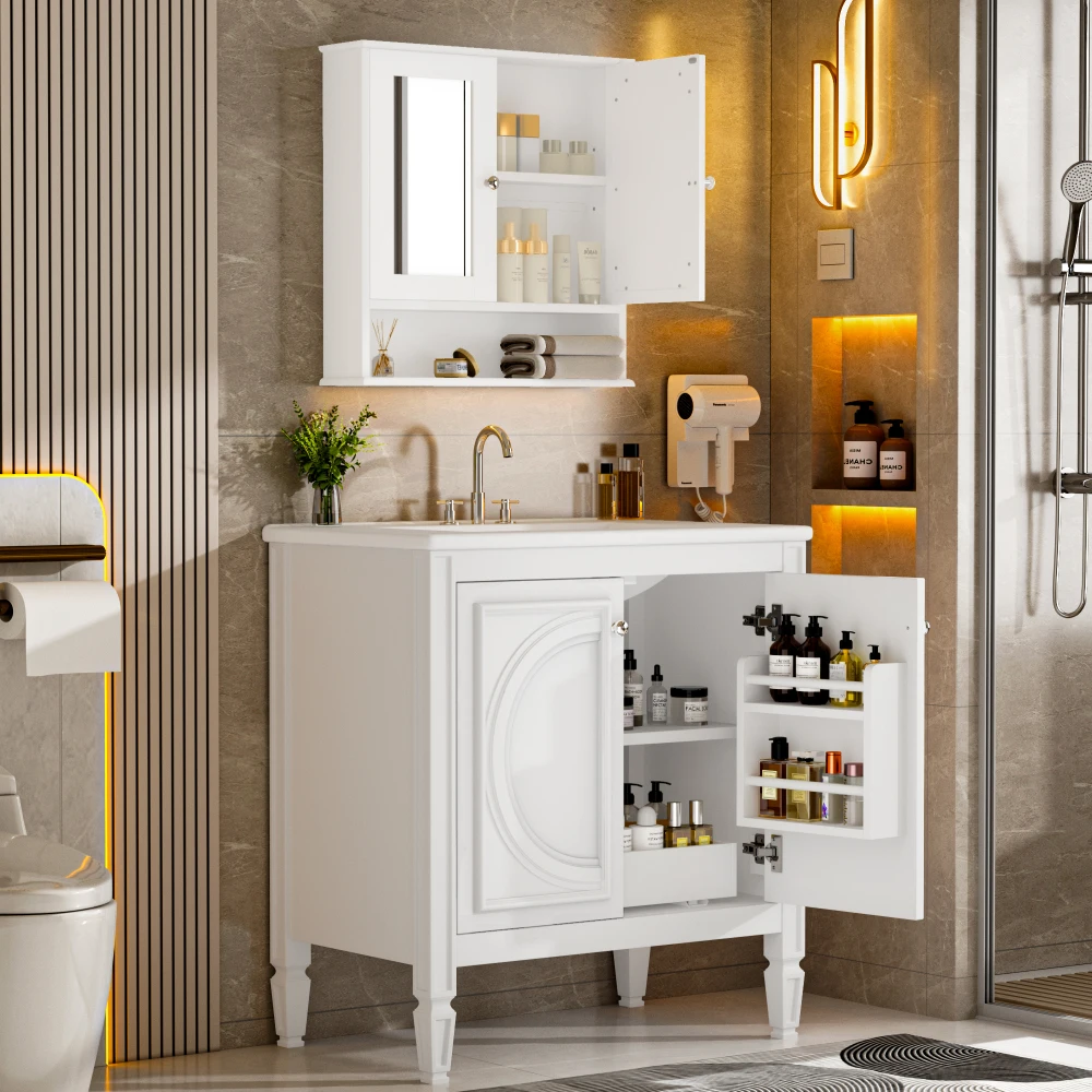 30インチのバスルームバニティ、マッチングミラー薬キャビネットコンボセット、セラミックシンク付きモダンなバスルーム収納キャビネット