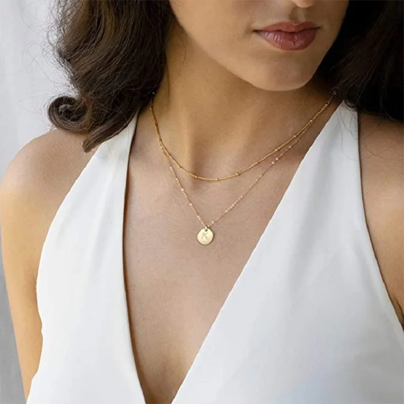 Initial Necklaces for Women Girls 14K Gold Plated Double Side Engraved Hammered Coin Necklaces Layered Necklace Jewelry Pendant