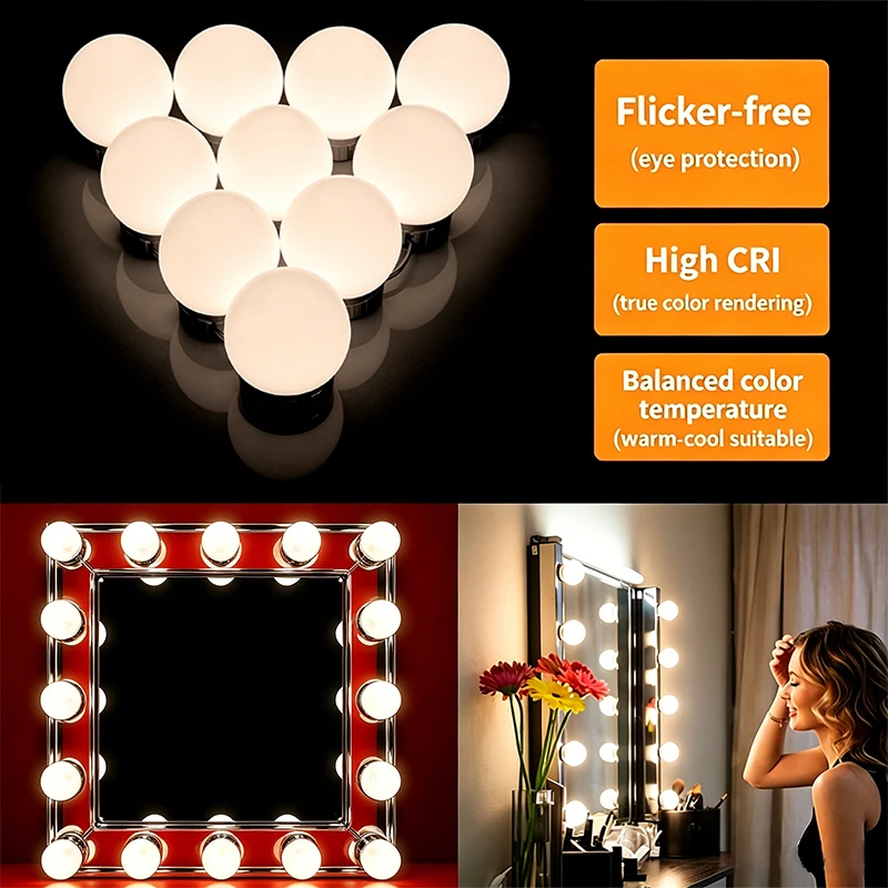 10 LED Vanity Bulbs for Makeup Mirror,Hollywood Style Dimmable Wall Light,3 Lighting Modes for Dressing Room Vanity Set,Bedroom