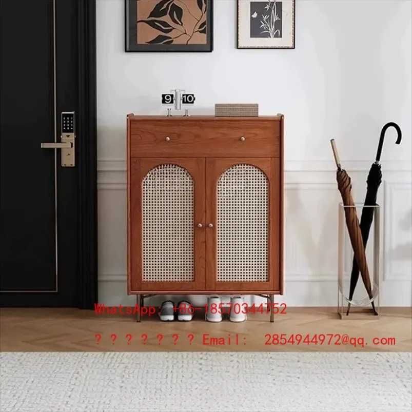 

French Retro Rattan Woven Shoe Cabinet for Home Use with Solid Wood Frame At The Entrance and Storage in The Foyer